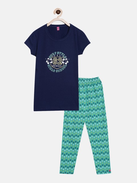 

A3A Girls Navy Blue & Green Typography Printed Pure Cotton 2 Pc Night Suit