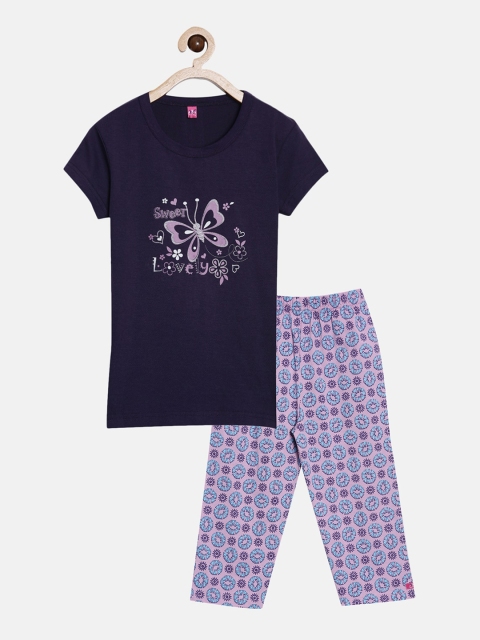 

A3A Girls Purple & Navy Blue Printed Pure Cotton Night suit