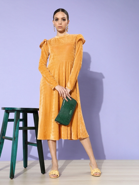 

STALK Women Mustard Yellow Velvet Shine In Midi Dress