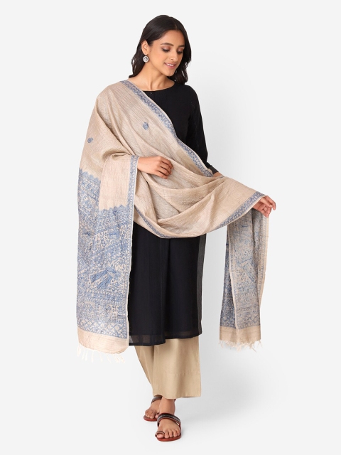 

Fabindia Beige & Blue Printed Madhubani Pure Tussar Silk Dupatta