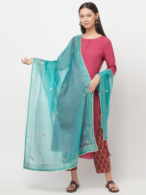 

Fabindia Women Teal & Gold-Toned Ethnic Motifs Embroidered Pure Silk Dupatta