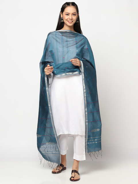 

Fabindia Teal Blue & Silver-Toned Woven Design Cotton Silk Dupatta