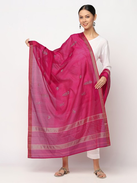 

Fabindia Magenta & Blue Embroidered Cotton Silk Dupatta