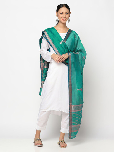

Fabindia Teal & Silver-Toned Embroidered Cotton Silk Dupatta
