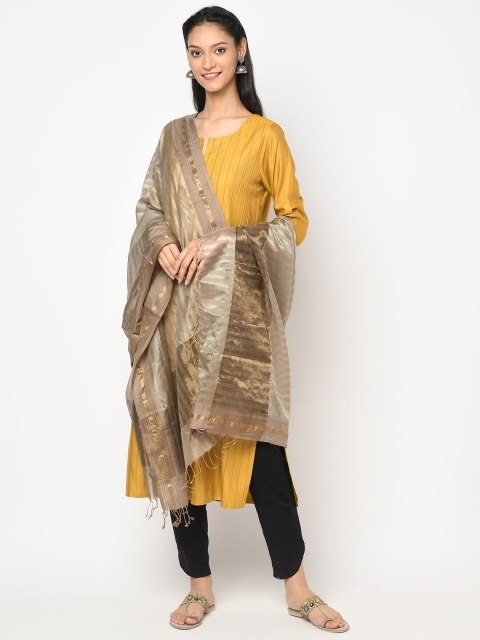 

Fabindia Brown & Gold-Toned Striped Cotton Silk Dupatta with Zari