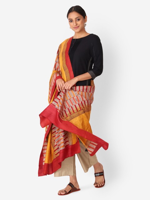 

Fabindia Mustard & Red Geometric Printed Pure Silk Dupatta