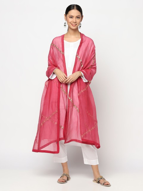 

Fabindia Magenta & Gold-Toned Embroidered Cotton Silk Dupatta