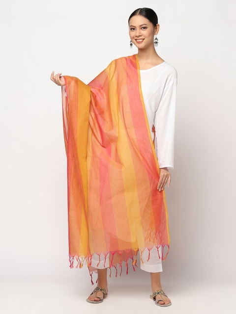 

Fabindia Women Magenta & Mustard Striped Pure Cotton Dupatta
