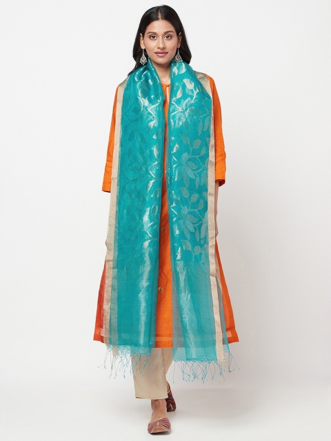 

Fabindia Teal Blue & Silver-Toned Woven Design Pure Silk Dupatta