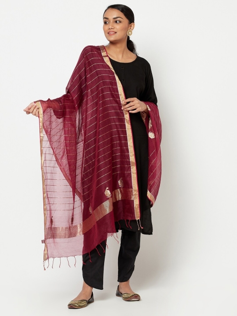 

Fabindia Maroon & Gold-Toned Striped Cotton Silk Dupatta