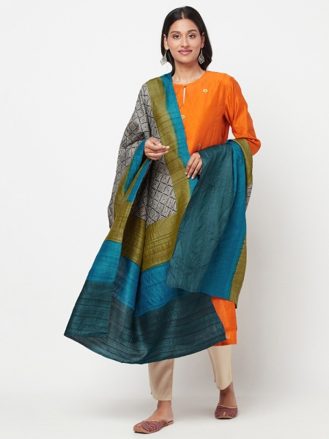 

Fabindia Blue & Olive Green Printed Pure Silk Dupatta