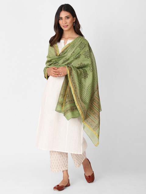 

Fabindia Green & Brown Ethnic Motifs Printed Cotton Silk Block Print Dupatta