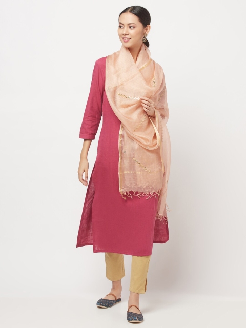 

Fabindia Peach-Coloured & Gold-Toned Embroidered Pure Silk Dupatta