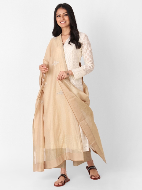 

Fabindia Beige & White Ethnic Motifs Embroidered Cotton Silk Dupatta