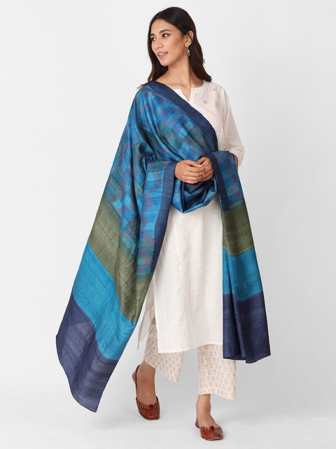 

Fabindia Blue & Green Printed Pure Silk Block Print Dupatta