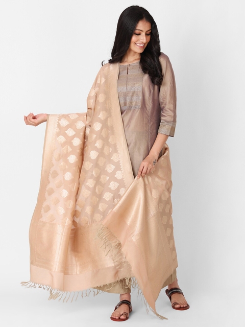 

Fabindia Women Beige Ethnic Motifs Woven Designed Pure Silk Dupatta