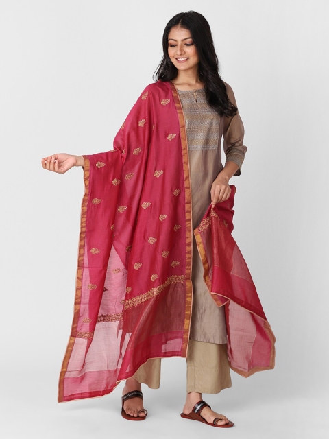 

Fabindia Magenta & Gold-Coloured Ethnic Motifs Embroidered Cotton Silk Dupatta with Zari