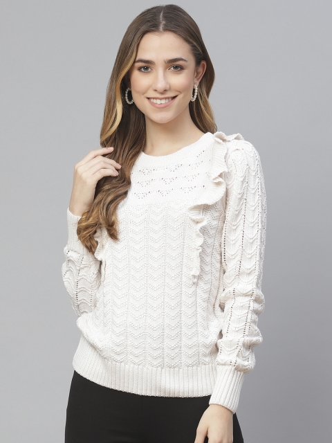 

Marks & Spencer Women Cream-Coloured Ribbed Pullover with Fringed Detail