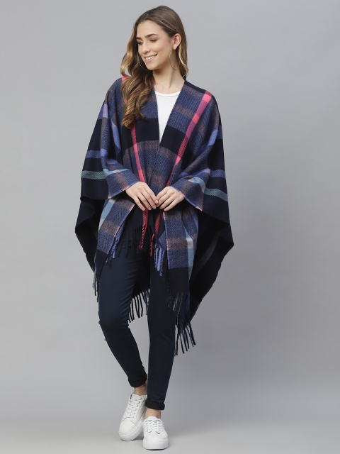 

Marks & Spencer Women Navy Blue Checked Tasselled Longline Shrug