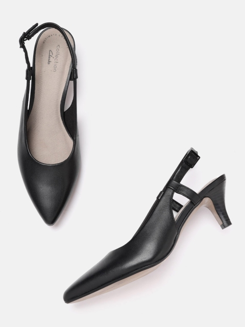 

Clarks Black Solid Leather Kitten Pumps