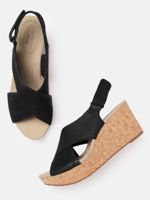 

Clarks Black Perforated Suede Wedges with Criss-Cross Detail