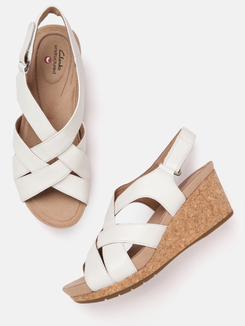 

Clarks White Solid Leather Strappy Wedges