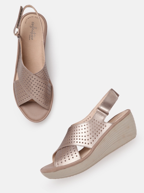 

Clarks Gunmetal-Toned Laser Cut Leather Wedges, Metallic