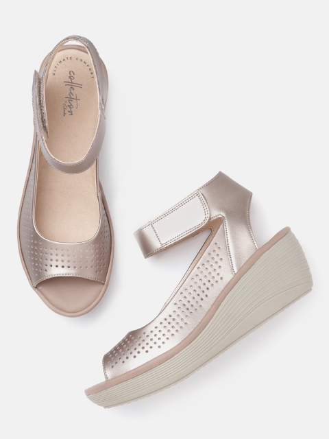 

Clarks Gunmetal-Toned Laser Cut Leather Wedges, Metallic