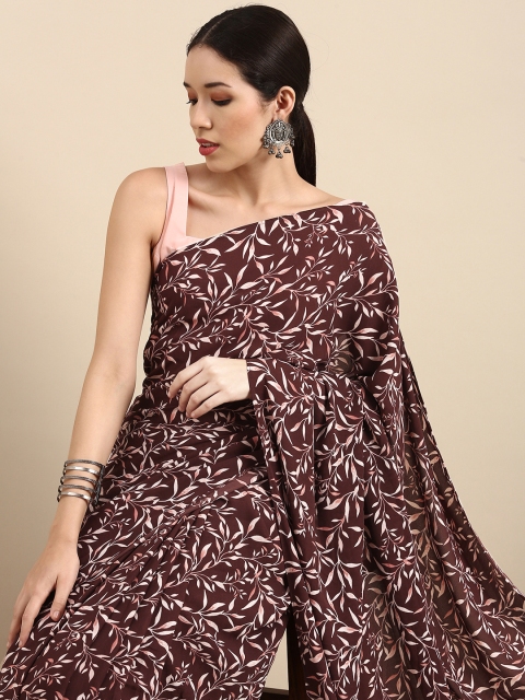 

Sangria Brown Leaf Printed Ruffle Saree