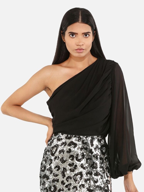 

ATTIC SALT Black One Shoulder Georgette Regular Longline Top