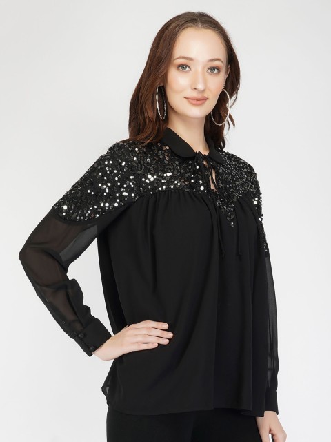 

ATTIC SALT Black Embellished Tie-Up Neck Georgette A-Line Top