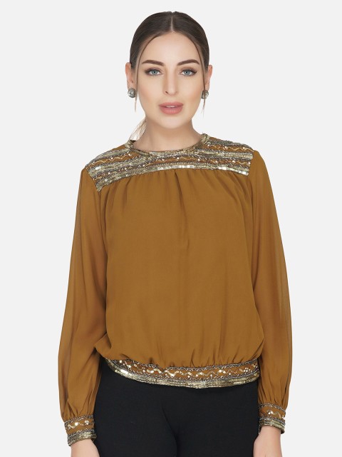 

ATTIC SALT Mustard Yellow Georgette Blouson Top