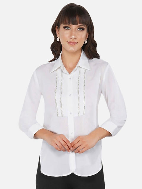 

ATTIC SALT Women White Georgette Shirt Style Top