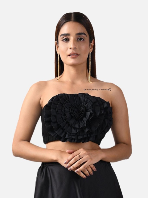 

ATTIC SALT Black Applique Georgette Tube Crop Top