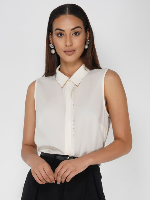 

ATTIC SALT WomenWhite Georgette Laser Cut Placket Shirt Style Top, White