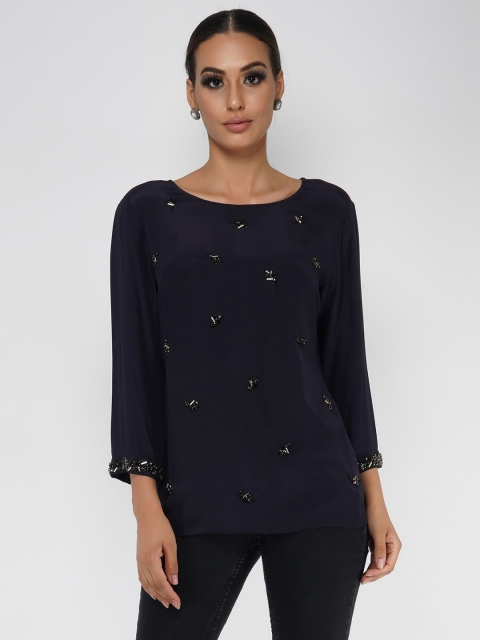 

ATTIC SALT Women Blue Embellished Georgette Stone Motif Top