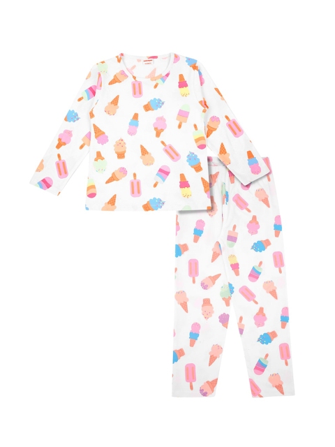 

RAINE AND JAINE Girls White & Pink Printed Pure Cotton Night suit