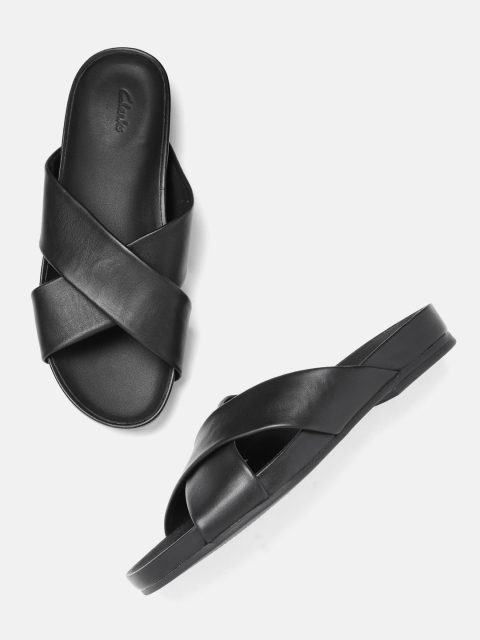 

Clarks Women Black Solid Criss-Cross Leather Open Toe Flats