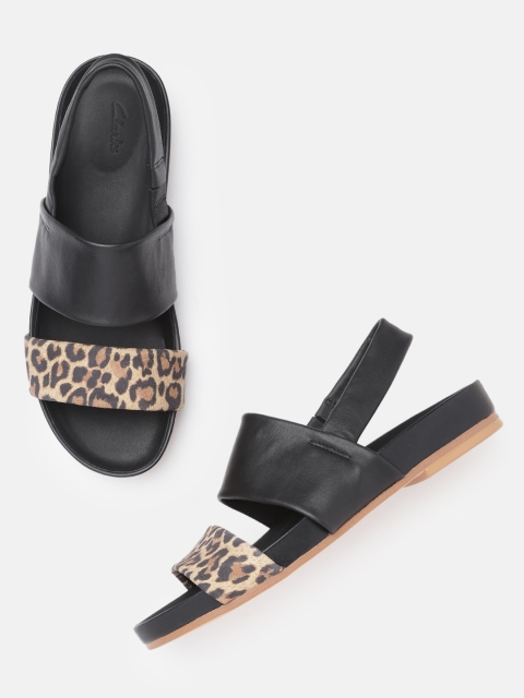 

Clarks Women Beige & Black Leopard Print Leather Open Toe Flats