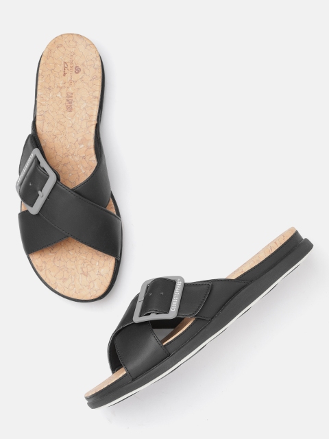 

Clarks Women Black & Grey Solid Open Toe Flats with Criss-Cross Buckle Detail