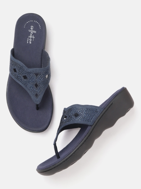 

Clarks Navy Blue Embellished Suede Finish Comfort Heels with Cut-Out