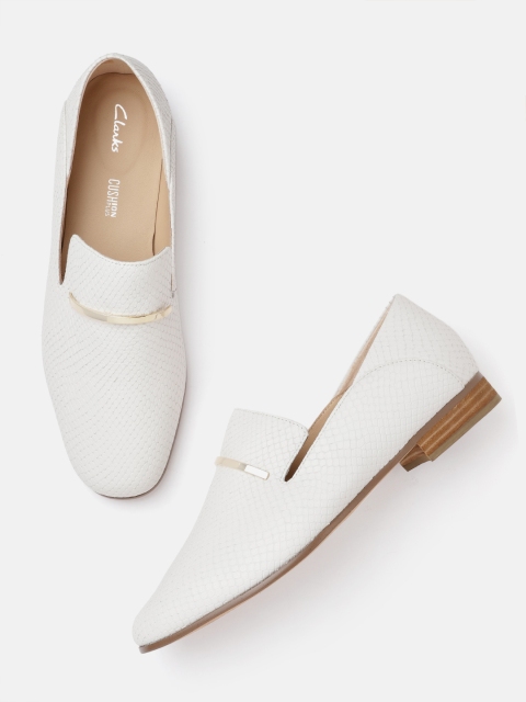 

Clarks Women White Snakeskin Textured Leather Slip-Ons