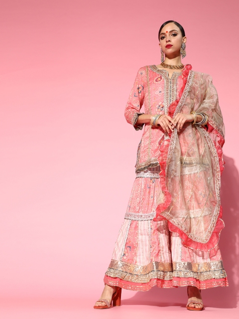 

Ishin Women Pink Floral Embroidered Regular Gotta Patti Kurta with Sharara & With Dupatta