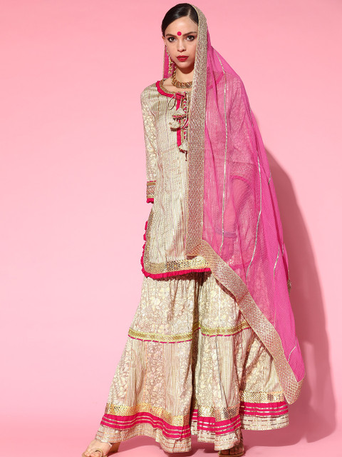 

Ishin Women Beige Floral Embroidered Regular Gotta Patti Kurta with Sharara & With Dupatta