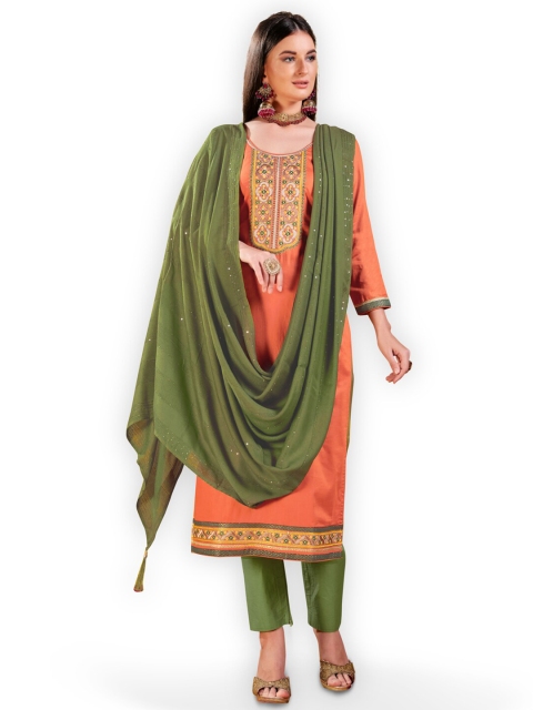 

Kvsfab Orange & Green Embroidered Unstitched Dress Material