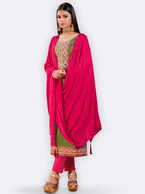 

Kvsfab Pink & Green Embroidered Unstitched Dress Material