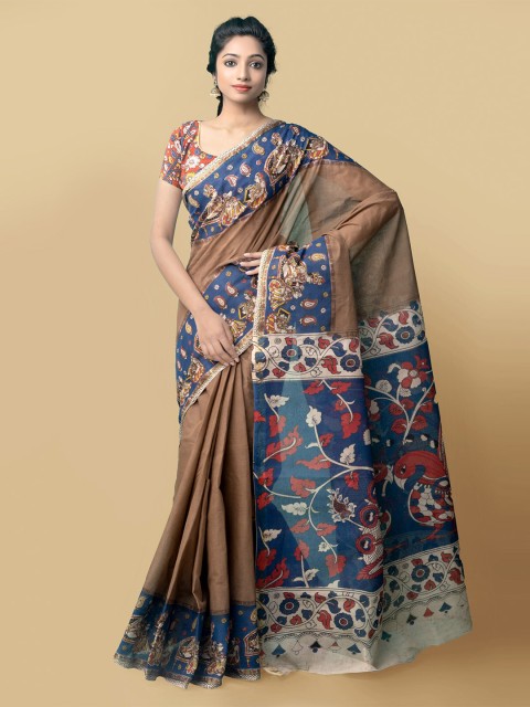 

Unnati Silks Women Brown & Blue Pure Handloom Kalamkari Cotton Sustainable Saree