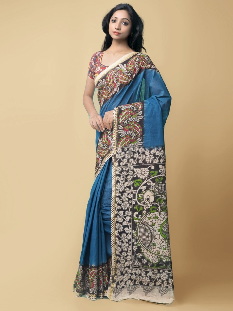 

Unnati Silks Women Blue & Beige Pure Handloom Sustainable Kalamkari Cotton Saree