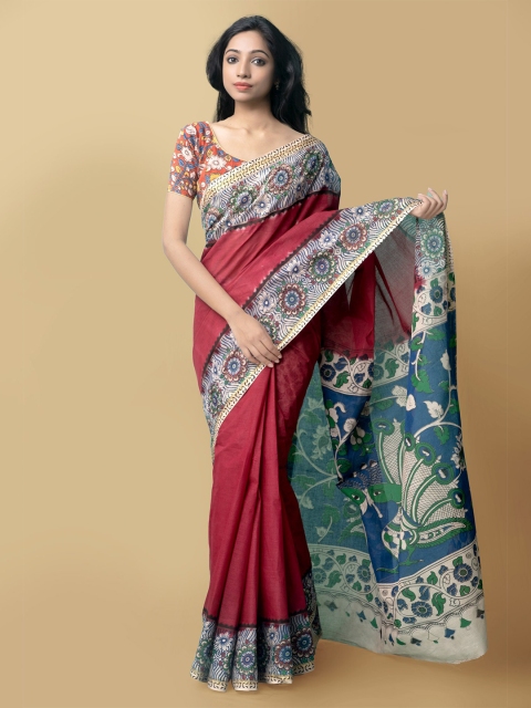 

Unnati Silks Women Red & Blue Pure Handloom Kalamkari Cotton Sustainable Saree