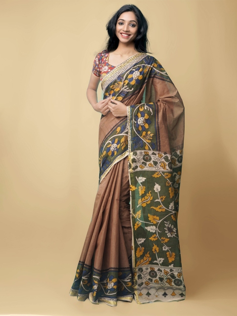 

Unnati Silks Brown & Green Kalamkari Pure Cotton Kanjeevaram Saree